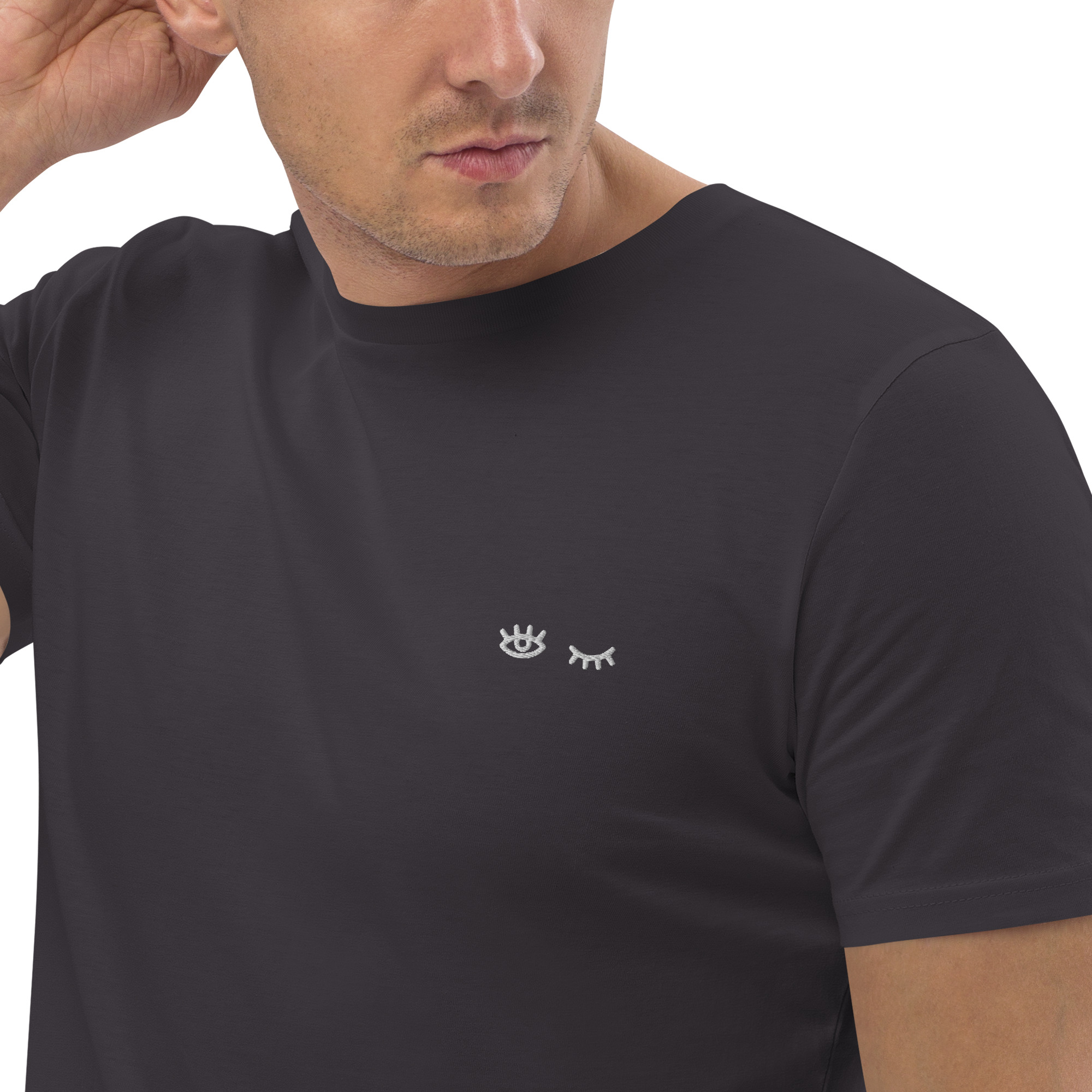 MNML | Eyes shut & open | Dark mode | Unisex T-shirt | Premium organic cotton | Embroidered - Image 5